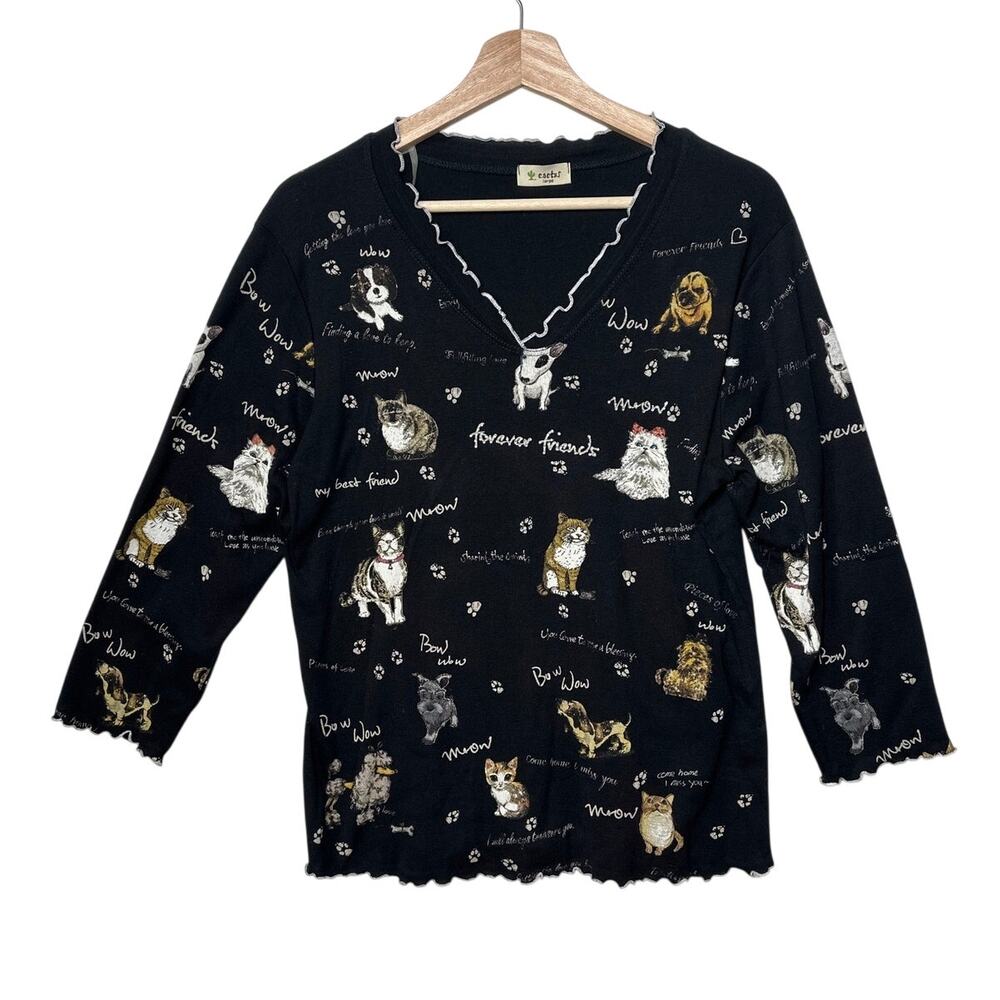 Cactus Cat & Dog Print Knit Shirt Top Whimsical Black 3/4 Sleeve Sz L V-Neck